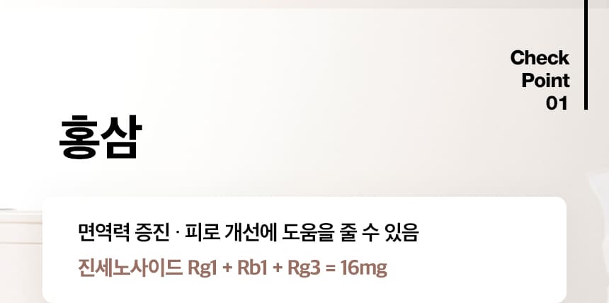 Check Point 01. 홍삼 면역력 증진 · 피로 개선에 도움을 줄 수 있음 (진세노사이드 Rg1+Rb1 + Rg3 = 16mg)