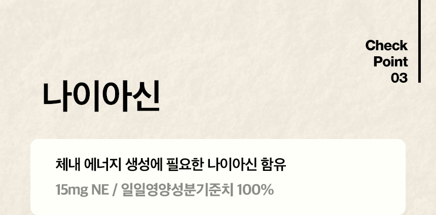 Check Point 03.  나이아신 체내 에너지 생성에 필요한 나이아신 함유 (15mg NE / 일일영양성분기준치 100%)