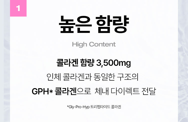 1 높은 함량(High Content) 콜라겐 함량 3,500mg
인체 콜라겐과 동일한 구조의  Gph* 콜라겐으로  체내 다이렉트 전달 *Gly-Pro-Hyp 트리펩타이드 콜라겐